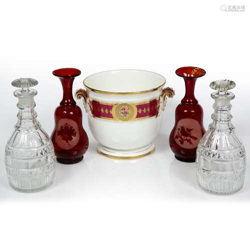 Porcelain wine cooler 18cm pair of glass decanters, 23cm and a pair of ruby glass vases, 20cm