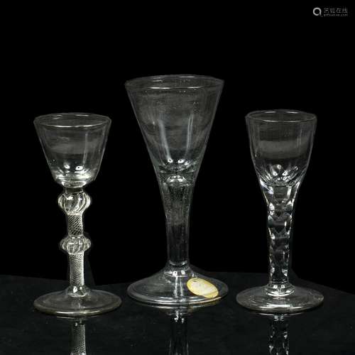 English wine glass 18th Century, with teardrop stem, a facet cut stem ale glass, and a multiple knop