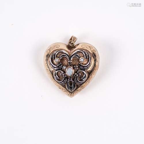 9ct gold heart shaped locket with applied decoration and opal and pearl setting