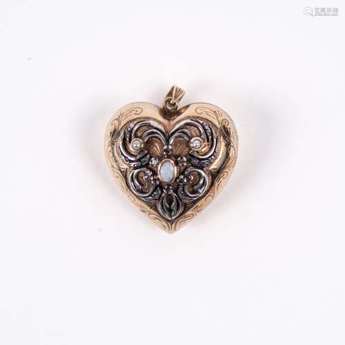 9ct gold heart shaped locket with applied decoration and opal and pearl setting