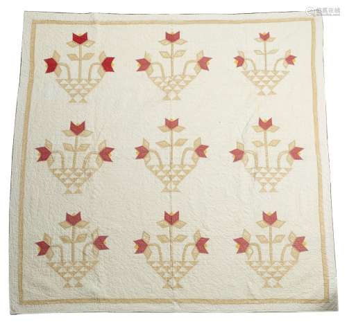 American quilt cream ground with stylised baskets of flowers, 180cm x 170cm approx