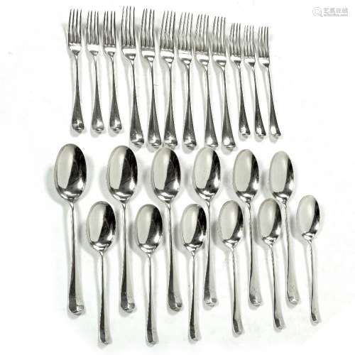 Suite of Old English pattern silver cutlery comprising six small forks, six large forks, six small