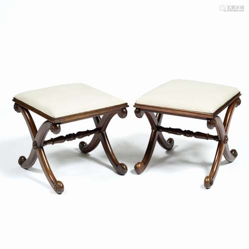 Pair of rosewood 'X' frame stools 19th Century, in the manner of Gillows, each with ivory coloured