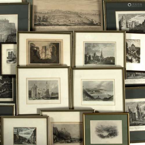 Group of monochrome and coloured engravings and book plates, to include a view of Lock Striven and