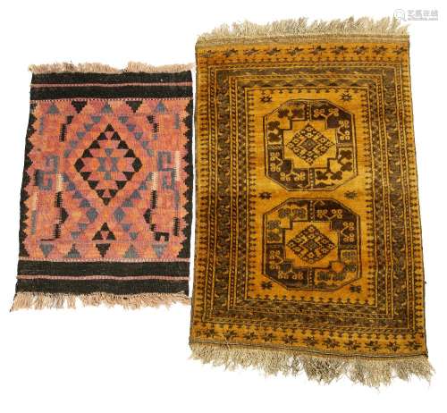 Pakistan gold ground rug with central medallions, 140cm x 93cm, and a Kilim rug, 101cm x 75cm