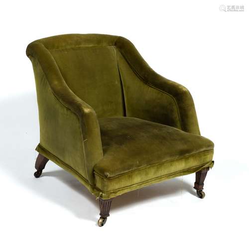 Upholstered green armchair 19th Century, with original castors, stamped C. Hindley, 70cm across x