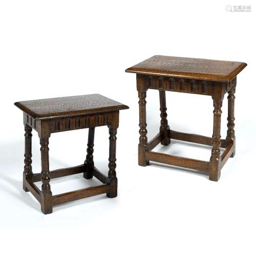 Two oak stools Late 19th Century, on turned legs, 45cm high x 45cm across (2)