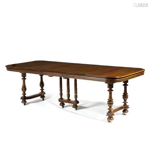 French mahogany extending dining table with three extra leaves, 113cm x 103cm when closed, with