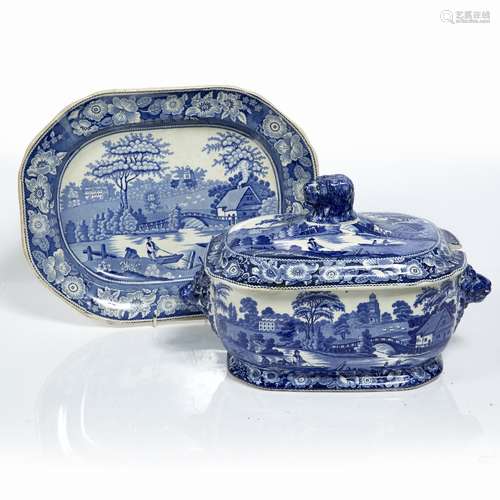 Staffordshire blue and white transfer tureen and cover 19th century, in the 