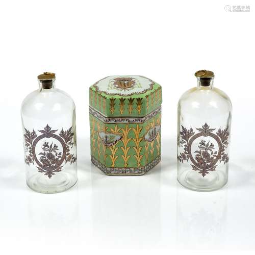 Pair of glass lidded bottles 22cm and contemporary hexagonal porcelain box, 16cm (3)