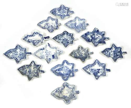 Group of fourteen English pottery blue transfer pickle dishes 19th Century, of leaf form to