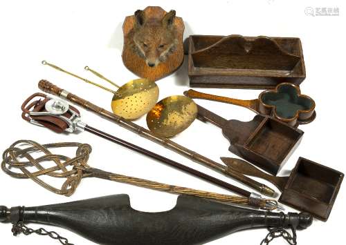 Mounted fox's head and further items including yoke, shooting stick, sword stick and various