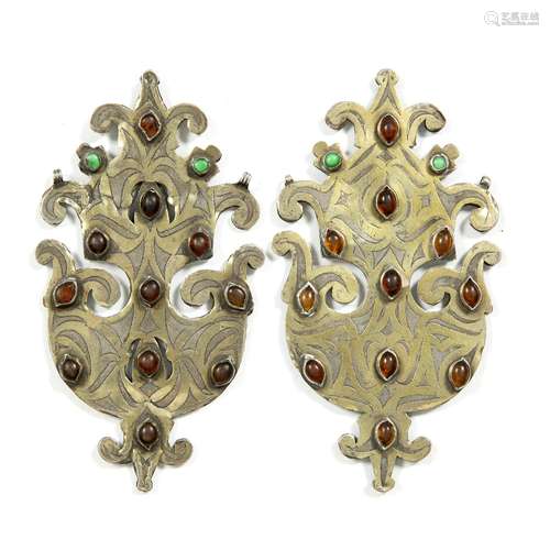 Pair of Turkoman Tekke white metal pendants each inset with semi precious stones, 14cm