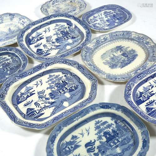 Nine blue and white stoneware meat platters Victorian, to include Canova pattern, Fairy Villas