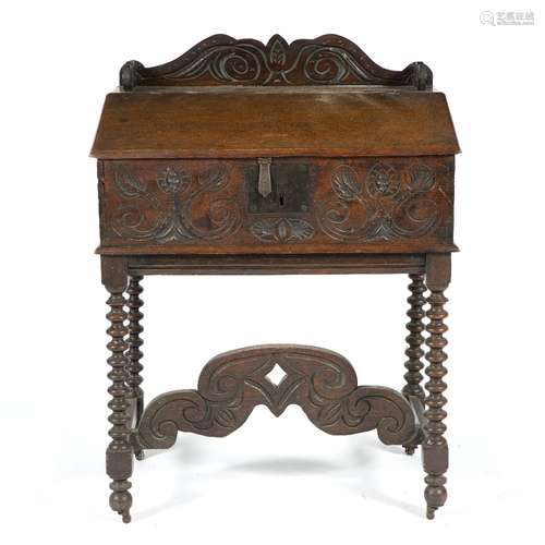 Carved oak bible box on stand 18th/19th Century, 73cm across x 94cm high