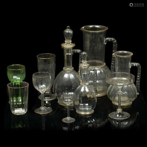 Suite of Continental (probably Austrian ) glassware each with slender wrythen stems and gilt