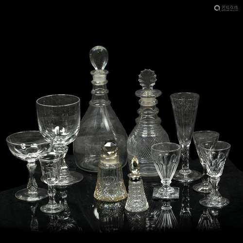 Group of glassware to include two decanters, 19th Century, glass rummer, facet stem trumpet glass