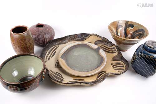 Group of studio ceramics to include an Avocet pottery dish by Biddy Rose, 31cm, stoneware square