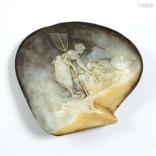 Mother of pearl shell dish depicting a fish catcher with a small child, 20cm across