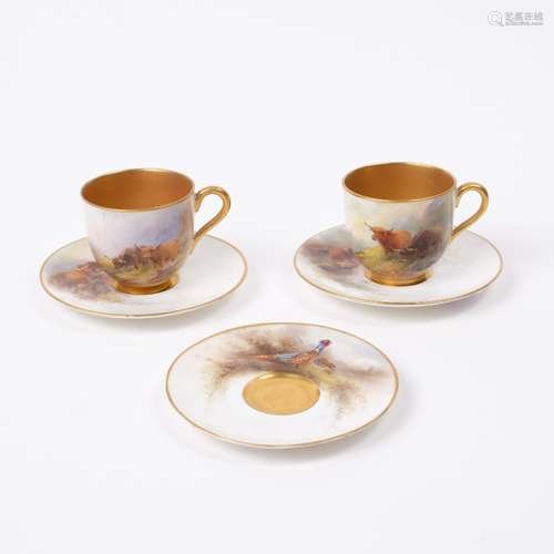 Pair of Royal Worcester coffee cups and saucers painted with highland cattle by Harry Stinton and