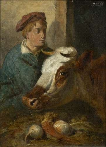 Portrait of a young man and cow (19th Century) oil on canvas, framed, 31cm x 25cm