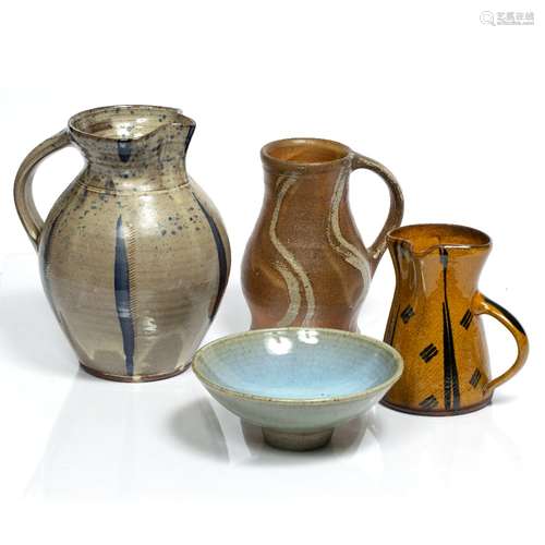 Studio pottery jug 21cm, small jug, 13.5cm, stoneware tankard and a bowl (4)