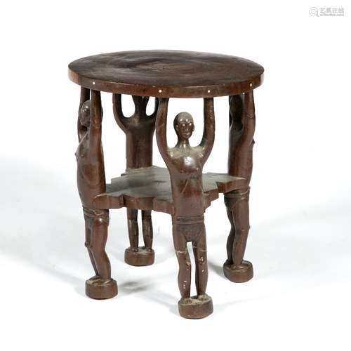 Hardwood tribal circular table Polynesian with figure carved supports, 43cm across x 51.5cm high