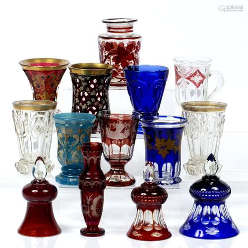 Group of Bohemian coloured glasses including various beakers and bells (14)