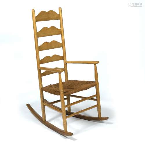Ash and elm ladder back rocking chair with rush seats, 114cm high