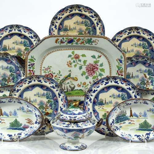 Stone china part service 19th Century, including a tureen, serving and dessert plates and a Spode