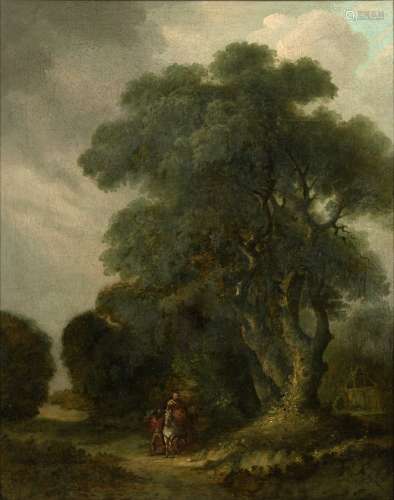 19th Century English school pastoral landscape with travellers, oil on canvas, 62.5cm x 49cm