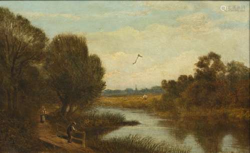 Fishing Scene (19th Century) oil on canvas, indistinct signature to lower right, framed, 54cm x 40cm