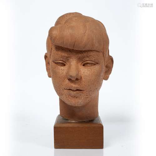 Contemporary School sculpture of a child's head on a wood base, 34cm high overall