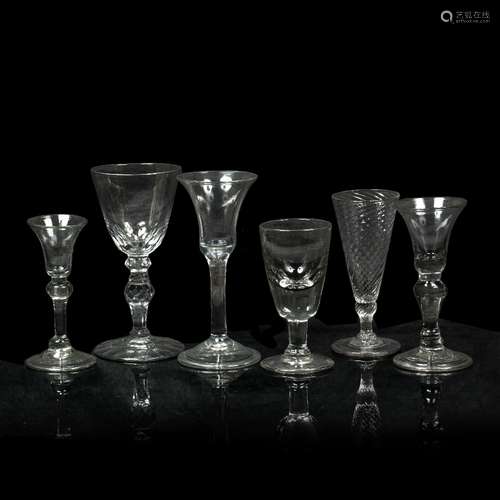 Group of six glasses including wrythen stem, knop , facet and others