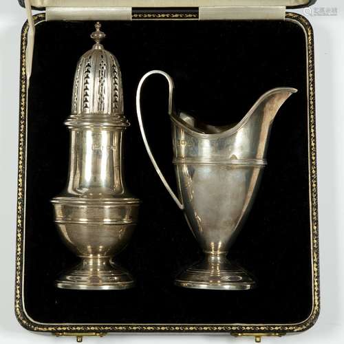 Silver caster and matching cream jug (cased) 231 grams for the two