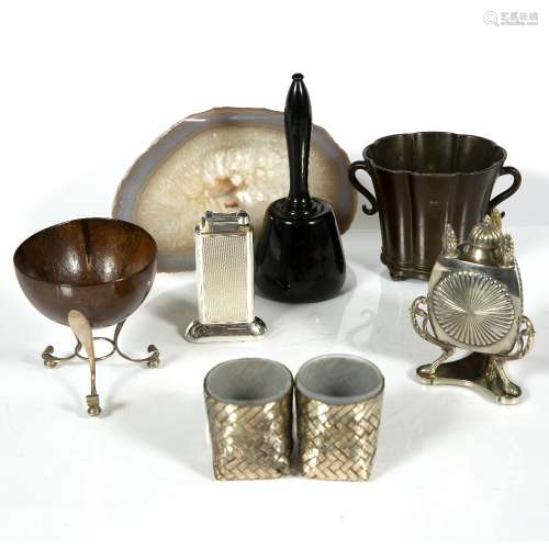 Group of pieces to include 1930s Dunhill lighter, small bronze, pair of white metal salts, a gavel