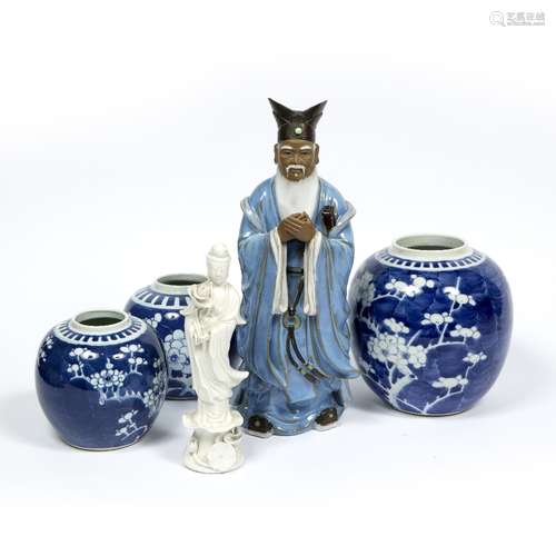 Chinese porcelain model courtier 33cm, three various Chinese blue and white ginger jars and