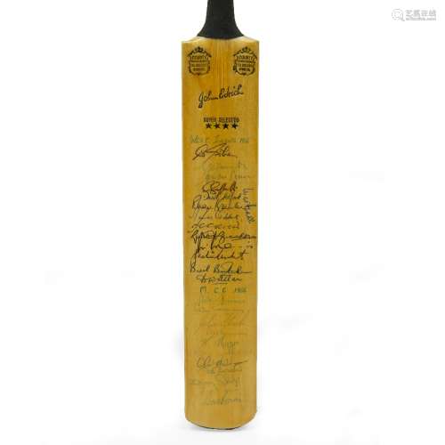 Miniature cricket bat signed by the players in the 1966 MCC v West Indies game, signatures include