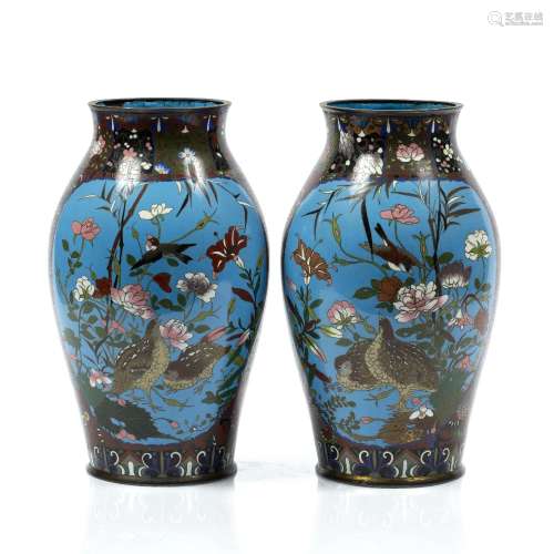 Pair of Japanese cloisonne vases each with birds, quails and flowers, 30.5cm high