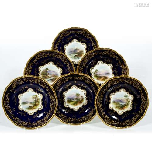 Set of six Coalplort 'named view' cabinet plates each with a cobalt and gilt surround, 22.5cm