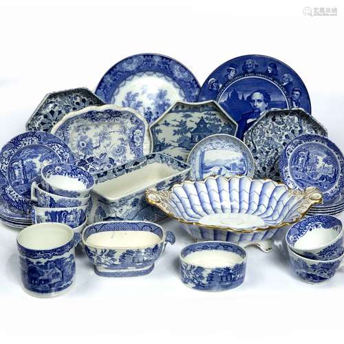 Quantity of blue and white printed wares including six Spode blue and white cups and saucers,