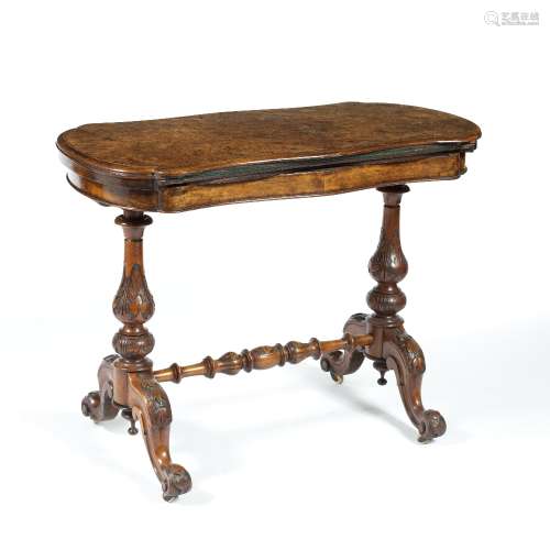 Walnut fold over games table Victorian, with serpentine top, 95cm across x 51cm wide x 75cm high
