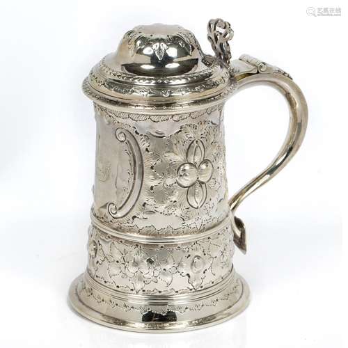 18th Century silver lidded tankard with later embossed decoration, London 1783, maker mark of John