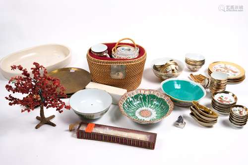 Various Chinese pieces to include cased Canton teapot, brass and other dishes and other items