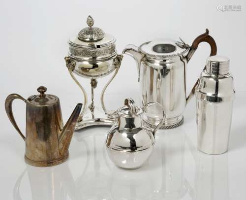 Plated water jug 19th Century cocktail shaker, Jersey milk can and two other pieces