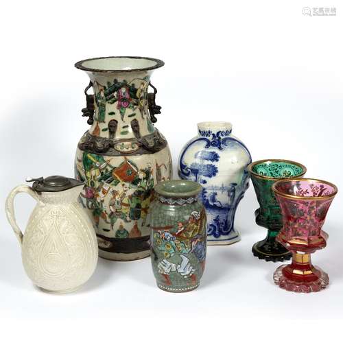 Chinese crackleware vase 19th Century, 35.5cm, smaller Chinese vase, 17.5cm, two Bohemian glass