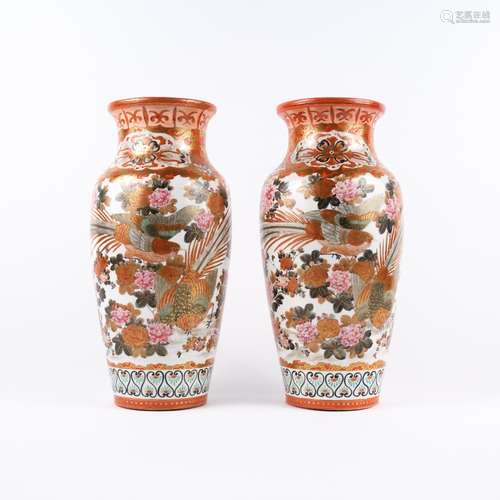 Pair of Kutani vases Japanese, circa 1900 decorated with peacocks and flowers, 34cm