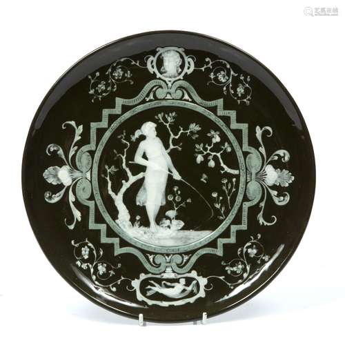 George Jones & Son pate sur pate plate of green ground with maiden fishing to the centre, 26cm,