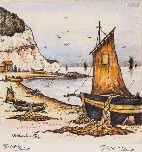 W Endicott (British, 20th Century) Beer, Devon, watercolour and ink, signed and inscribed, 9cm x