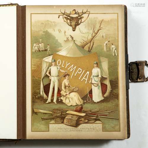 Olympia leather bound musical photograph album the front with embossed tennis scene, the plates